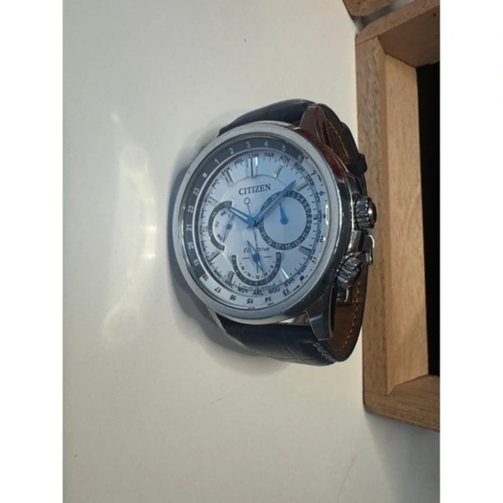 Citizen Eco-Drive World Time Watch‎ Mens OS Blue Silver Perpetual Calendar 8729